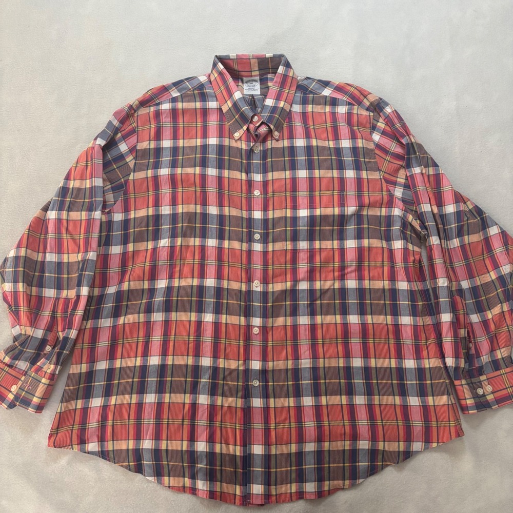 Brooks Brothers Regent Fit Plaid Button Down Shirt Mens XXL Red Orange Cotton